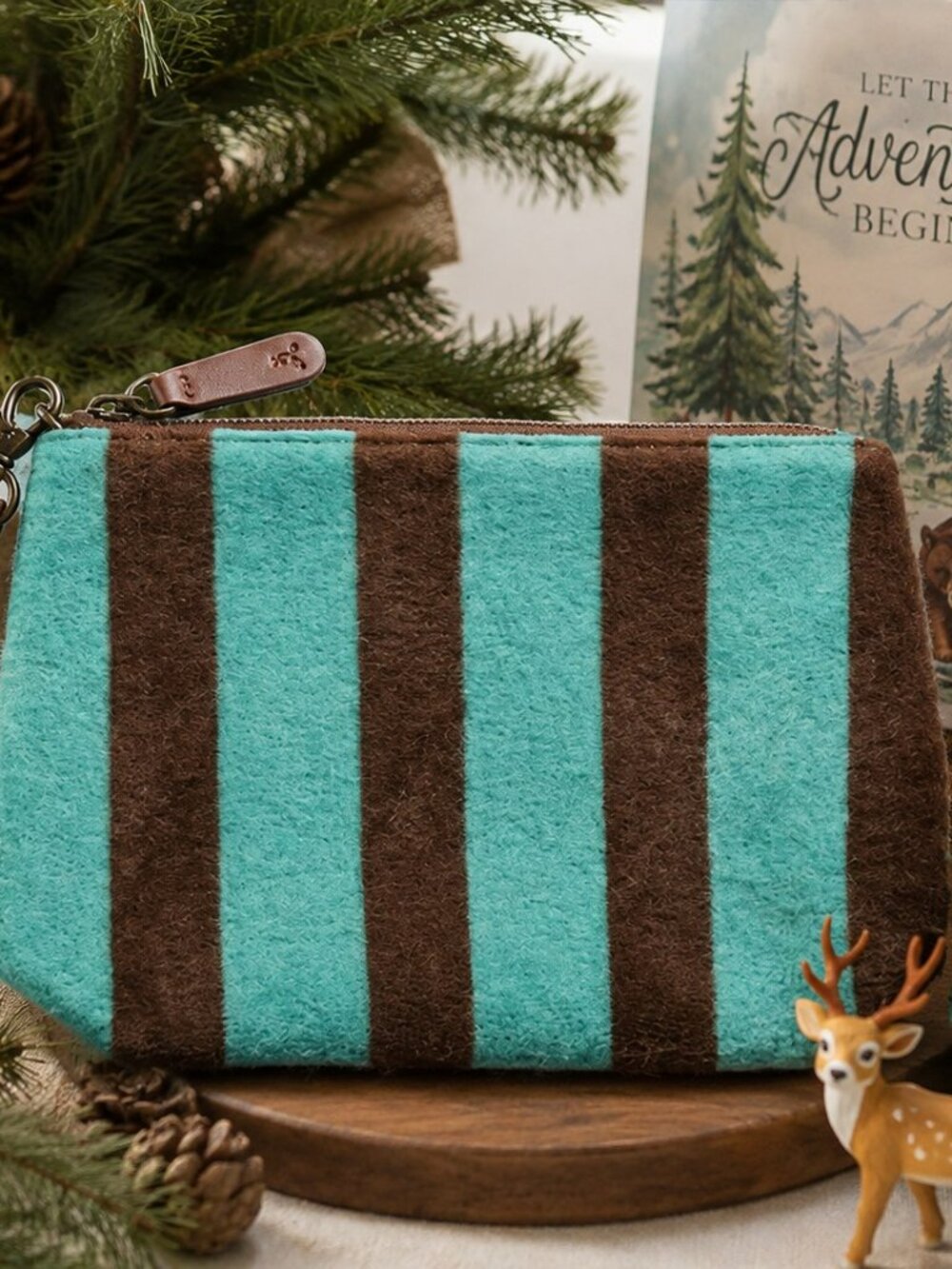Anthropologie Teal Brown Striped Wool Wristlet Clutch Bag Boho NWOT